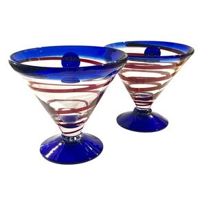 Kosta Boda Hand Blown Royal Caribbean Martini Dessert Glass Red Swirl Blue
